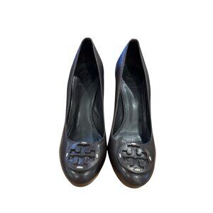 Tory Burch Betty Leather Dark Brown Logo Pumps Stacked Heels Shoes Size 8M EUC